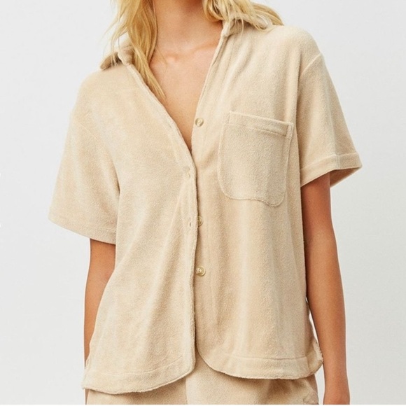 Frankie's Bikinis Cream Coco Terry  Cloth Button-Down Shirt Size Large - Picture 1 of 6